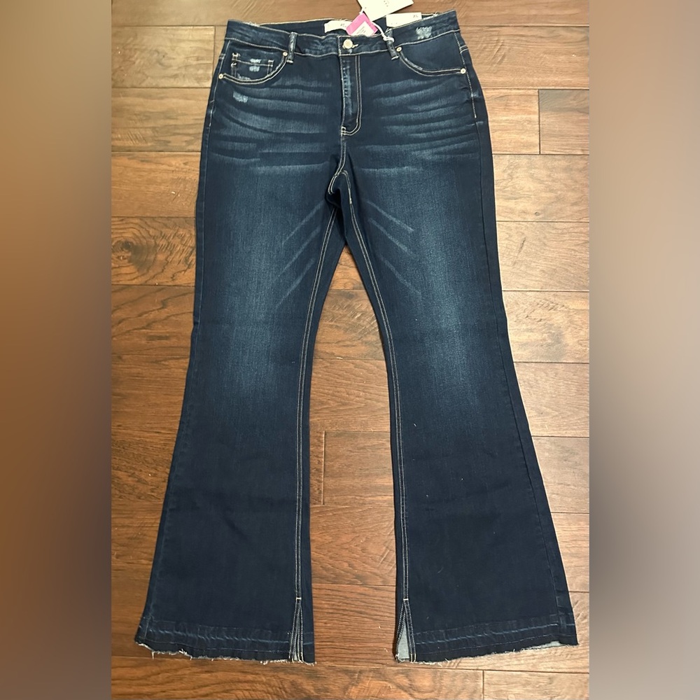 New KanCan Dark Wash Distressed  Flare Wide Leg Jeans